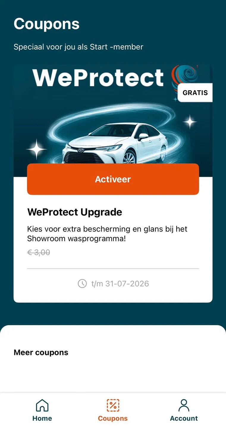 Couponstore in de WeWash app met de gratis WeProtect Upgrade-coupon